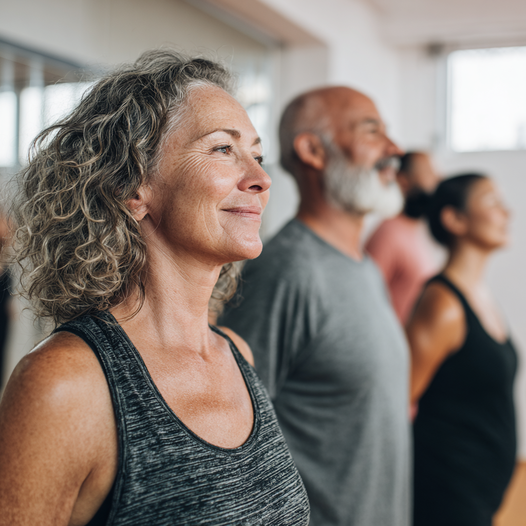 diverse group of middle-aged adults practicing mindful movement in bright indoor space