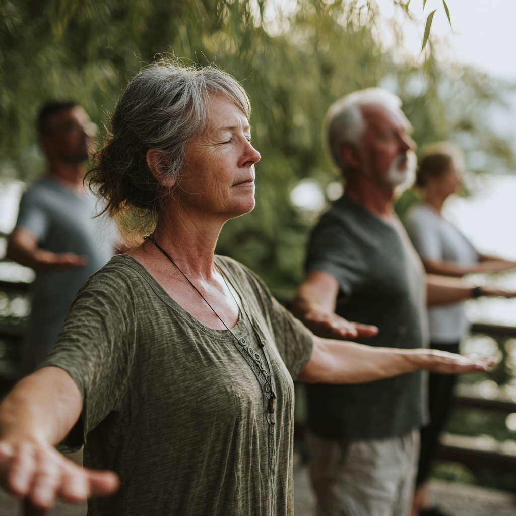 middle-aged adults practicing gentle movement exercises in natural outdoor setting