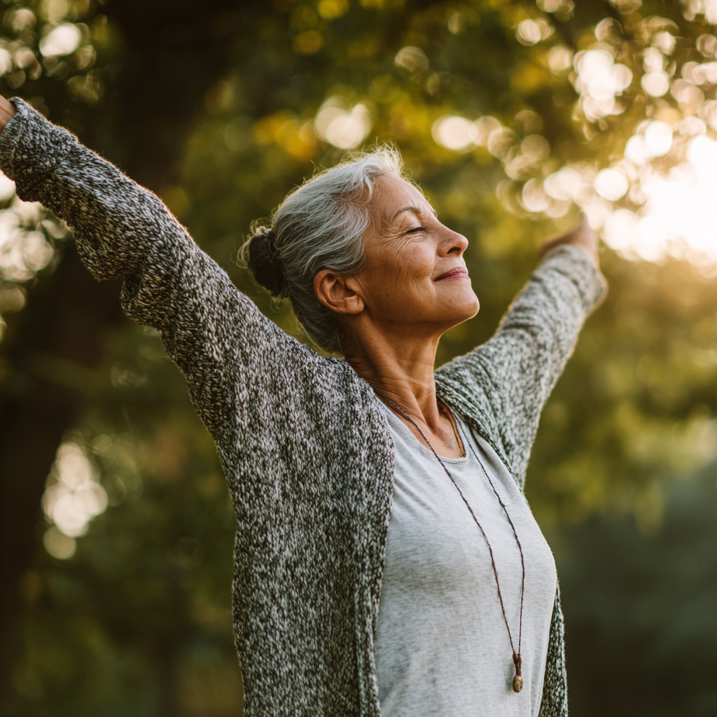 older adult woman doing gentle stretching exercises outdoors in peaceful natural environment